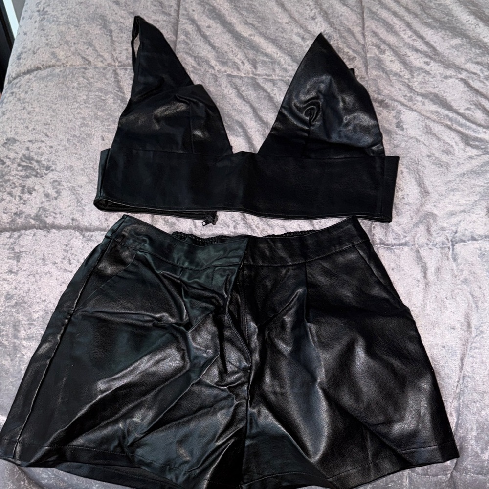 Black Faux Leather Crop Top and Shorts Set